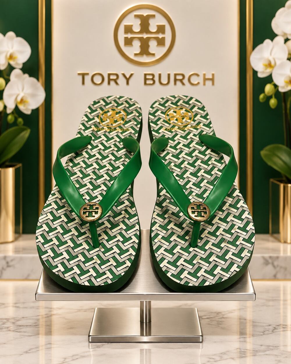 Tory Burch Isidro Green Geometric Logo Flip Flop Sandals Women’s 7.5